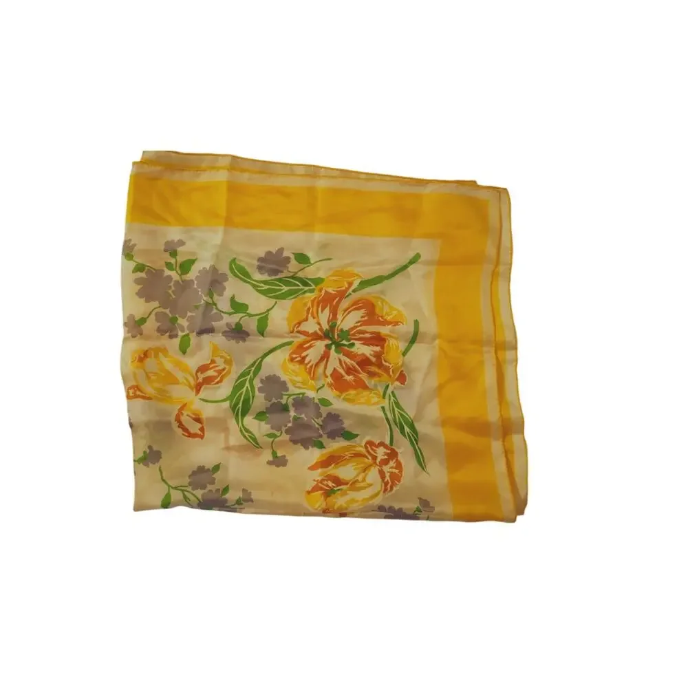 Vintage Yellow Floral Scarf Silky Square Orange Purple Flowers Retro 32x32